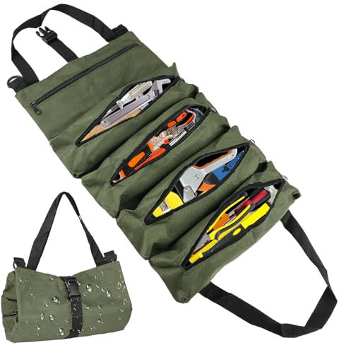 Werkzeug Rolltasche, Werkzeugtasche Klein, Werkzeugtasche Leer, Werkzeugrolle mit 5 Reißverschlusstaschen, Canvas Schraubenschlüssel werkzeugtasche für Elektriker Klempner Handwerker-Grün