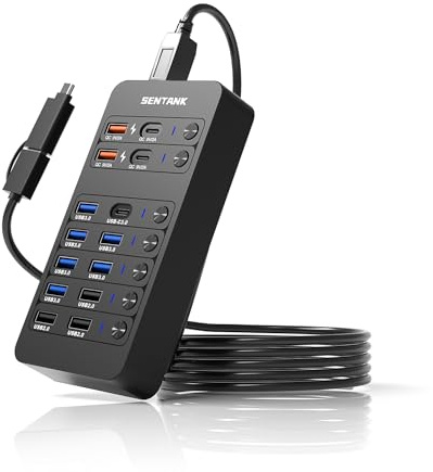 SENTANK 14-portars USB-hubb, USB-datachub-splitter med 6 USB 3.0-portar, 4 laddningsportar, 1 USB-C 3.0-datapport, 1 x 60 W PD-laddningsport med switchar