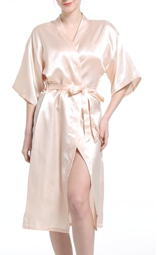 Xuepelit kimono badrock dam sommar satin bride morgonrock dam lätt lång brud morgonrock sidenpyjamas, champagne, L