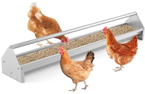 GYMAX Chicken Feeding Trough, 115cm Long Heavy-Duty Large Capacity Chicken Feeder with Drainage Holes and Rotatable Handle, Galvanized Steel Poultry Feeder for Coop, Pigeon, Duck, Parrot