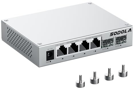 SODOLA 2.5Gbit Switch Managed,4 x 2.5G Base-T Ports, 2 x 10G SFP+ | Aluminiumkühlung & Magnetfüße - LACP/QoS/VLAN/IGMP Web-Managed Multi-Gigabit Switch für Heimlabor & professionelle Netzwerke
