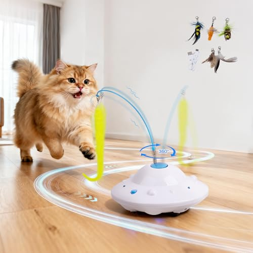 Pet Prime Interaktives Katzenspielzeug, Intelligentes UFO Katzenangel Spielzeug mit 3 Modi & Stoßfester Technik - 6 DIY Zubehörteile, USB-Ladung, Leise für Spielspaß