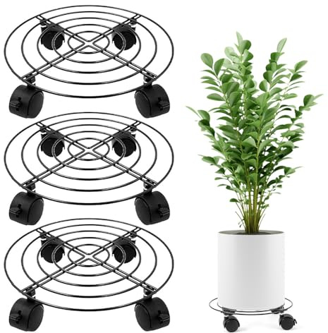Dioche Ruote per Portapiante Confezione Portapiante in Metallo con Ruote, Carrello Rotondo per Piante Mobile da 27 Cm, Carrello Resistente per Vasi da Interni Ed Esterni, Perfetto per Attrezzi da
