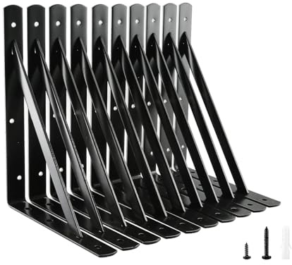 HOME MASTER HARDWARE 12 inch x 8 inch Heavy Duty Shelf Brackets, Load Capacity: 600lb, Black Metal 90 Degree Supports for Shelves 10-Pack, Wall Mounted L Bracket for Floating Shelving with Screws