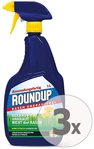 Roundup Rasen-Unkrautfrei AF Anwendungsfertig Unkrautvernichter Sparpaket, 3 x 1 Liter + Zeckenzange mit Lupe