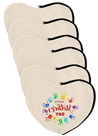 AKONE Stoffbeutel zum Bemalen, Stofftasche Kosmetiktasche Herzförmig, Mäppchen Klein, Stoffbeute mit Reißverschluss, DIY Blanko Stoffbeutel, Taschen zum Bemalen für Kinder 6 Stück