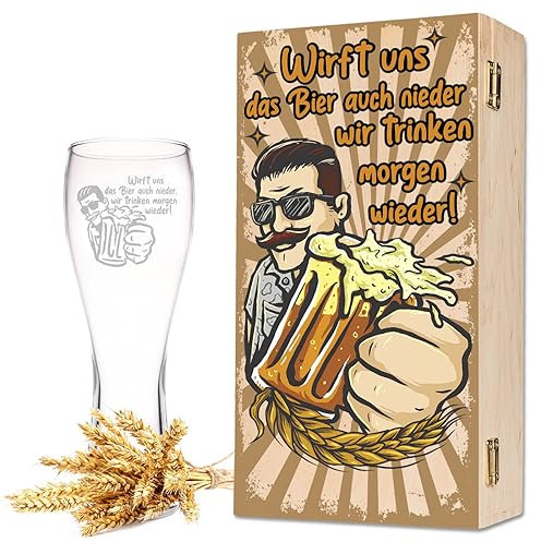 Leonardo Weizenglas mit Gravur - Wirft uns das Bier auch nieder - inkl. Holzkiste - Geschenke für Papa zum Vatertag - Geschenk für Bierkenner - Geschenkidee für Ihn Männer zum Geburtstag - 500 ml