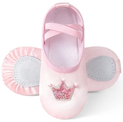 Comfyouth Ballet Shoes for Girls Satin Dance Shoes with Shiny Crown Split Sole Ballerina Slippers No Tie Ballet Dance Flats for Childrens Kids Toddler Pink