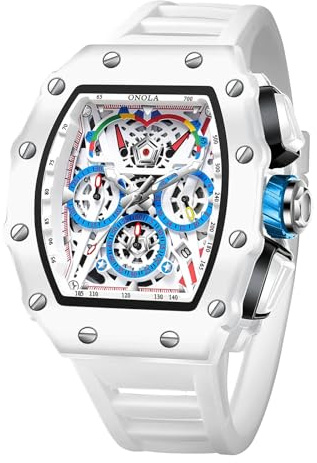 FORSINING Männer Analoge Quarzuhr Sport Chronograph Mode Armbanduhr für Herren wasserdichte Rechteck Big Dial Militäruhren, Weißblau