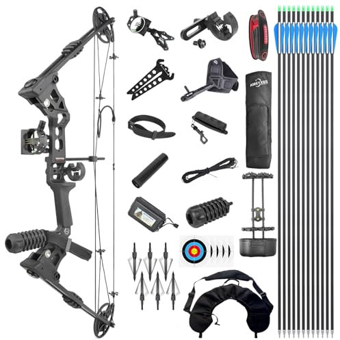 Compound Bogen Kit, Jagd & Targeting, Gordon Limb Made in USA, Zuggewicht 20-70 Lbs Einstellbar, ZugläNge 24„-29.5“,Bis Zu IBO 320FPS, Paket mit Bogen Jagd Zubehör (Schwarz Linkshänder)
