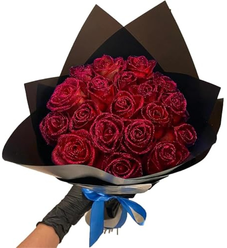 Goniome Glitter Flowers Bouquet,Glitter Rose Bouquet,Pink Artificial Rose Flowers Bouquet Shiny,Fake Roses Bouquet,Love Gifts for Valentine's Day Gift,Anniversary,Engagement (30, Red)