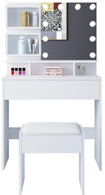 Dressing Table with Mirror and Stool, White Vanity Makeup Table with 2 Shelves and 1 Drawer, Girls Dressing Table with Light Bulb Set, Cosmetic Bedroom Dresser Make Up Writing Desk for Bedroom