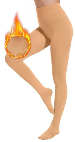HeyUU Fleece Lined Tights for Women Elastic Thermal Women’s Pantyhose Warm Womens Stockings with High Waist 1Beige-M