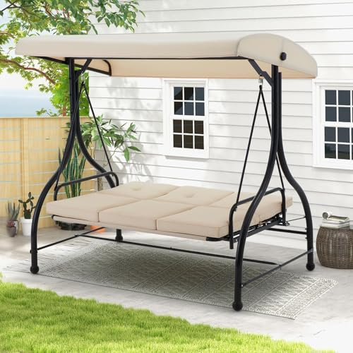 UNIONLINE 3 Seater Garden Swing Seat Bed, Convertible Outdoor Hammock Bench Chair with Adjustable Canopy & Cushion, Steel Frame Porch Swing Chair Lounger for For Garden/Balcony/Terrace/Patio(Beige)