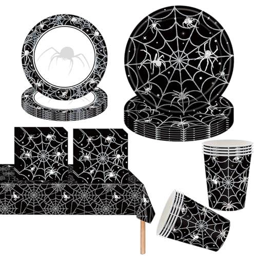 Lot de 81 pièces de vaisselle en forme d'araignée noire pour Halloween, vaisselle en carton, tasses, serviettes et nappe pour Halloween, fête d'anniversaire, décorations de table