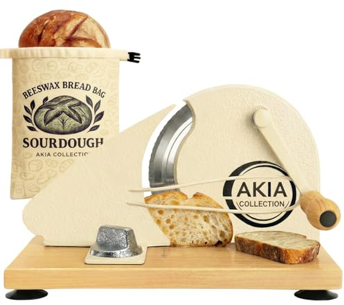 Manual Bread Slicer for Homemade Sourdough Rounds with Beeswax Bread Bag (2-in-1 Set) – Hand Crank Bread Cutter, Adjustable Thickness, Guide Rail, Uniform Artisan Slices