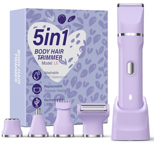 HOHOLE 5-in-1 Bikini Trimmer for Women, IPX7 Waterproof Electric Razors Shaver, Cordless Body Hair Trimmer, Facial & Pubic Hair Removal, Ceramic Blade (Purple)