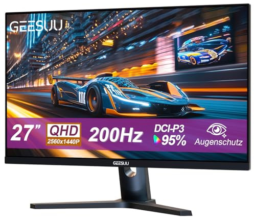 GEESUU Monitor Gaming 27 Pulgadas, PC Pantalla Ordenador 200Hz, QHD 1440p, IPS, 95% DCI-P3, Baja Luz Azul, Azul Claro, Parpadeos, HDMI 2.1 & DP 1.4