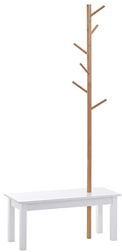 HOMCOM Garderobenständer Kleiderhaken Garderobe mit Sitzbank Baum-Design Zweige 6 Haken Eingangsbereich MDF + Bambus Weiß + Natur 80 x 30 x 180 cm