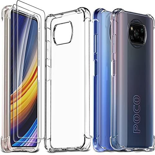 Ferilinso Funda para Xiaomi Poco X3 Pro/Xiaomi Poco X3 NFC + 2 Piezas Cristal Templado Protector de Pantalla [Transparente TPU Carcasa] [Anti-Choque] [Anti-arañazos] [9H Dureza]