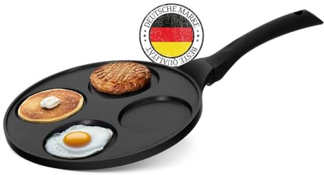 4BIG.fun Poêle à frire en antiadhésive (26 cm, 4 Moule) Poêle à pancake en fonte d’aluminium Avec revêtement à triple couche et 4 trous pancakes et Oladji, Petit-déjeuner Oeuf Au Plat Hamburge