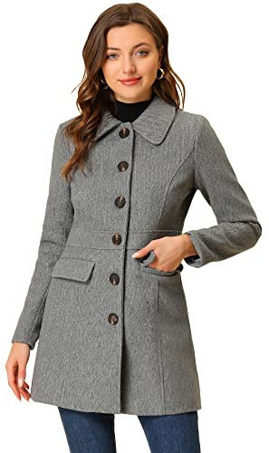 Allegra K Abrigo de invierno con cuello de piel sintética de un solo pecho para mujer Gris XS