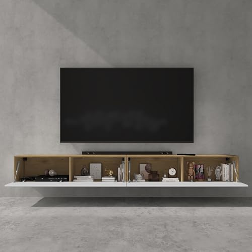 doporro TV Lowboard Schrank mit Gasdruckfedern Fernsehschrank hängend | TV Board mit Klapptür, viel Stauraum, Wand Fernsehtisch in Kerneiche und Matt Weiß, Breite: 240 cm, Fernsehschrank02