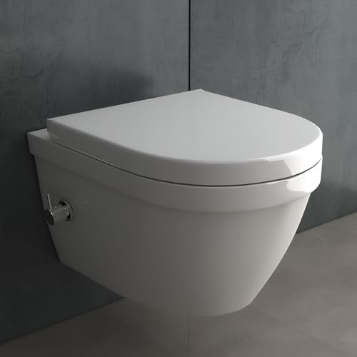 Alpenberger Spülrandloses WC mit Bidet Funktion, Dusch WC, Kloschüssel mit Armatur Taharet Muslugu | Toilettendeckel mit Absenkautomatik | Hänge WC Toilette Passend Geberit (8250 U)