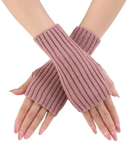 SMED Gestreifte Kurze Mode-Handschuhe für Damen aus gestrickter Wolle Fingerlose Armabdeckungen Handgelenk-Ärmel rosa Einheitsgröße