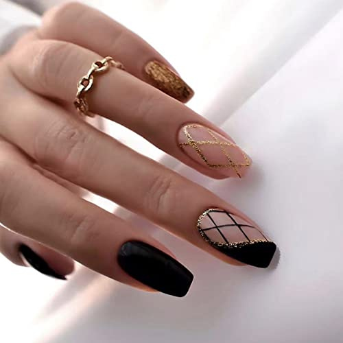 JUSTOTRY 24 Pcs Black Press on Nails Coffin Designs, Gold Swirl Long False Nails, Pretty Stick on for Women, Glossy French Ballerina Medium for Art Gifts