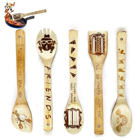 Mincloss Set of 5 Bamboo Cooking Utensils Set, Wooden Cooking Spoon, Wooden Spatula, Engraved Cooking Spoon Set, Carving Bamboo Spatula, Personalised Wooden Cooking Spoon for Cooking, Kitchen
