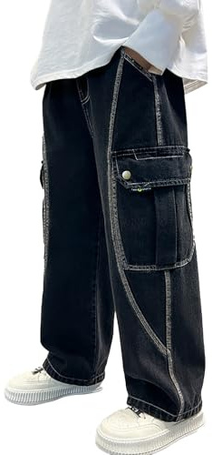 Generisch Jean pour garçon - Pantalon cargo décontracté avec taille élastique, Pantalon D15 noir, 13-14 ans