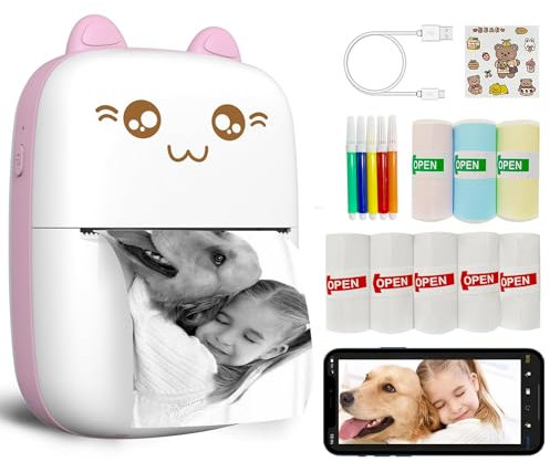 Wowfast Mini Portable Printer for iPhone, Bluetooth Sticker Printer with 3 Colorful Rolls, 5 White Rolls, and 5 Colored Pens for DIY Creation, Study Notes, Pictures, Receipts, Lists (Pink)