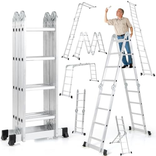 GYMAX 7-en-1 Échelle Multifonctionnelle Pliable, Escabeau Professionnel en Aluminium, Capacité 150 kg, Embouts Antidérapants, Verrouillage de Sécurité, Cadre Robuste, Légère pour Intérieur Extérieur