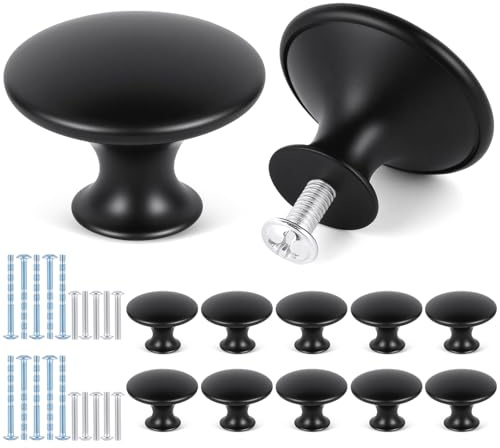 OSDUE Tiradores Armarios, 30mm Pomos Armario de Muebles Redondos 10 Piezas Perillas Pomos Vintage con Tornillos Perilla de Cajón de Hongo para Gabinete Cajones Cocina Vestidores Baño (Negro)