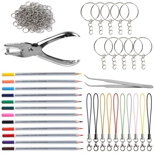 XDGBGFN 138 Stück Schrumpffolie Zubehör Set mit Buntstifte, Schlüsselbundzubehör Pinzette,Perlenschnur und Schlüsselring Locher für DIY Handwerk Dekorationen