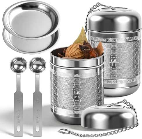 6 Pièces Infuseur Thé en Boule a The en Vrac Inox 304 Avec Boule à Thé Mailles Fines et Chaînes Soucoupe Antigoutte Cuillere Doseuse Graduée de 2,5 ML Facile à Nettoyer pour Maison et Bureau