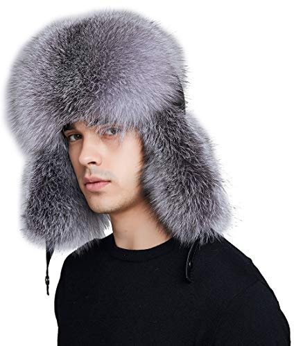 BeFur Pelzmütze echte Fuchs Waschbär Fell Lederhaube Pilotenmütz M Silberblau