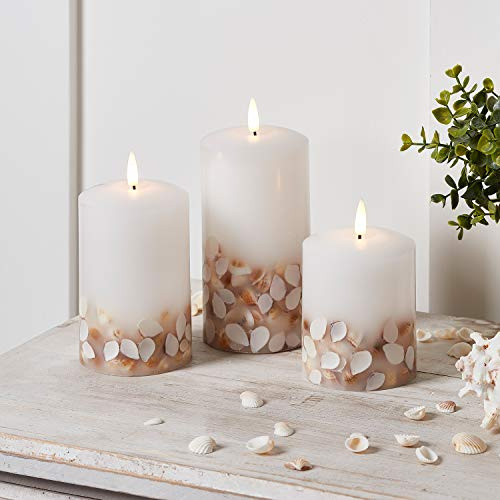 Lights4fun 3er Set TruGlow® LED Muschel Echtwachskerzen mit Fernbedienung und Timer batteriebetrieb Muschel Lichterkette Maritim