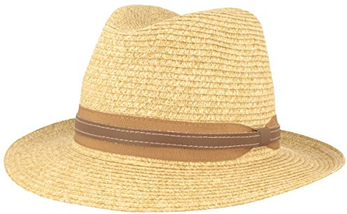 Breiter Strohhut Bogarthut Sommerhut Sonnenhut aus 100% Papier knautschbar mit Garnitur Besonders Leicht, Flexibel, Hautfreundlich Bequem Beige Mel. Kunstlederband, M