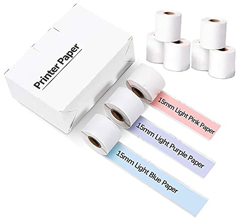 Selbstklebendes Thermopapier, 3,5 m x 15 mm, wasserfest, bedruckbar, lila/hellblau/hellrosa, passend für Phomemo M02S/M02 Pro Drucker (9 Rollen, 3 Rollen pro Farbe)