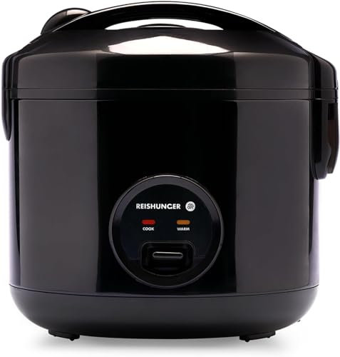 REISHUNGER Rice Cooker & Rice Steamer with Keep-Warm Function, Black (1.2 litres - 6.5 cups) - For 1-6 People - Quick Preparation Without Burning - Ceramic Coating incl. Steamer Insert