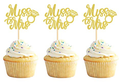 Keaziu 24 Stück Miss to Mrs Cupcake-Topper Ring Hochzeit Brautdusche Verlobung Cupcake Picks Hochzeit Verlobung Geburtstag Party Dekorationen Zubehör Gold