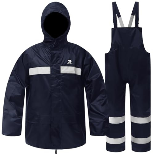 RainRider Rain Suits for Men Women Waterproof Fishing Rain Jacket Bib Pants Lightweight Reflective 3-Piece Rain Gear (Navy, S)
