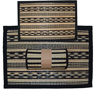 Housewarming Gift Home Decor Handmade Reed & Fabric Square 6PCS TABLE MATS Set & 2 Size CARPET, Woven Placement Rush Eco-friendly Dining Table Mats Pack (6pcs Placemats)