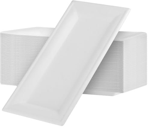 KOHAND 100 Pack Rectangular Paper Plates, 26 x 13cm White Bagasse Sugarcane Disposable Tableware for Picnic, Parties, BBQ, Daily Use