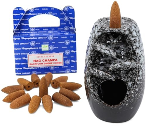 Rückfluss Räucherkegelhalter Wasserfall, Weihrauchbrenner mit Rückflusskegel Satya Nag Champa (Starter Set Weiß)