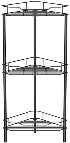 HuggieGems 3 Tier Floor Standing Corner Shower Caddy Organizer Shelf with Hooks, Bathroom Shelves Stand Rack, Black