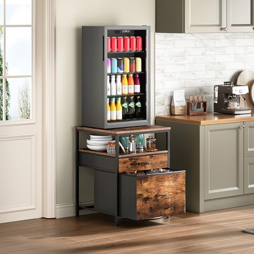 Herture Mini Fridge Stand with 3 Storage, Mini Fridge Cabinet, Beverage Fridge Table, Heavy Duty 21.3 L* 22.7 W Tabletop, for Dorm, Apartment,Office, Bedroom Rustic Brown HB01BXN