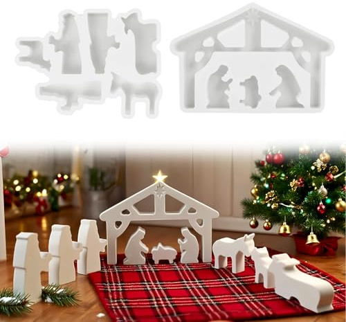 2 Stück Silikonformen Gießformen Krippe, Silikon Gießform Weihnachten Silikonform Krippenfiguren Gießform Mini Krippe Giessformen für Weihnachten DIY Handwerk, Kerzen, Gips
